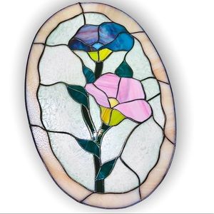 LARGE Vtg Floral Stained Glass Window Suncatcher Oval